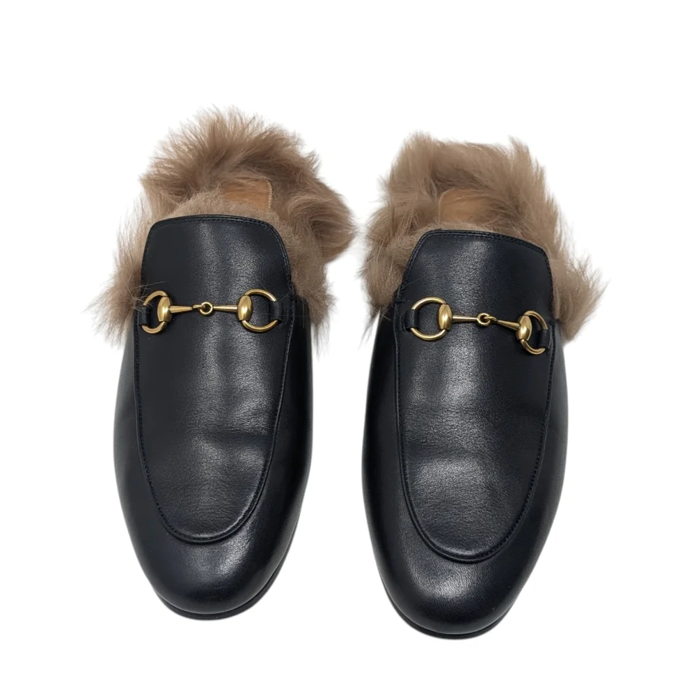 Gucci Black Leather Fur Princetown Mule Loafer Size EU 39 - Picture 3 of 9
